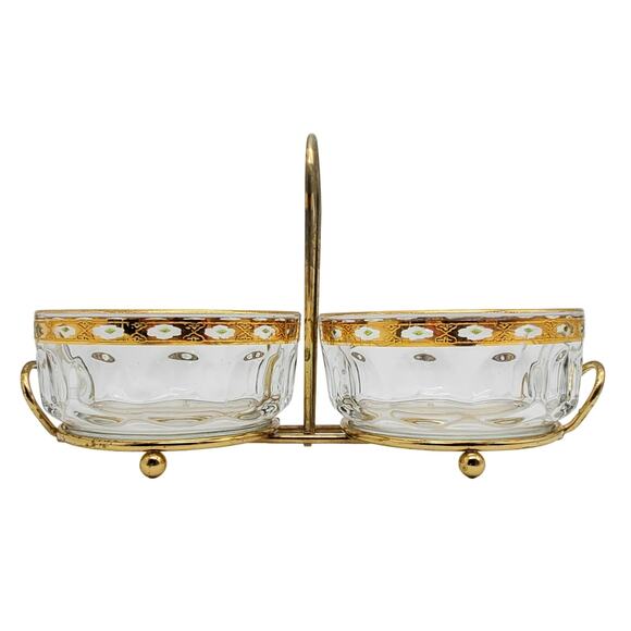French Glass Condiment Bowls Arcoroc Valencia Gilded Green Hollywood Regency - Picture 3 of 16